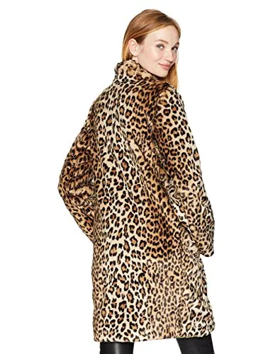 Calvin Klein Women's Long Sleeve Leopard Fur Coat, Black/Vicuna, L
