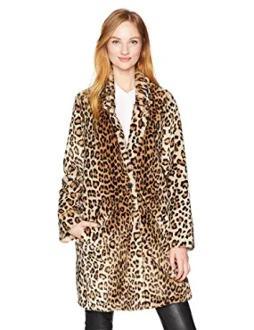 Calvin Klein Women's Long Sleeve Leopard Fur Coat, Black/Vicuna, L