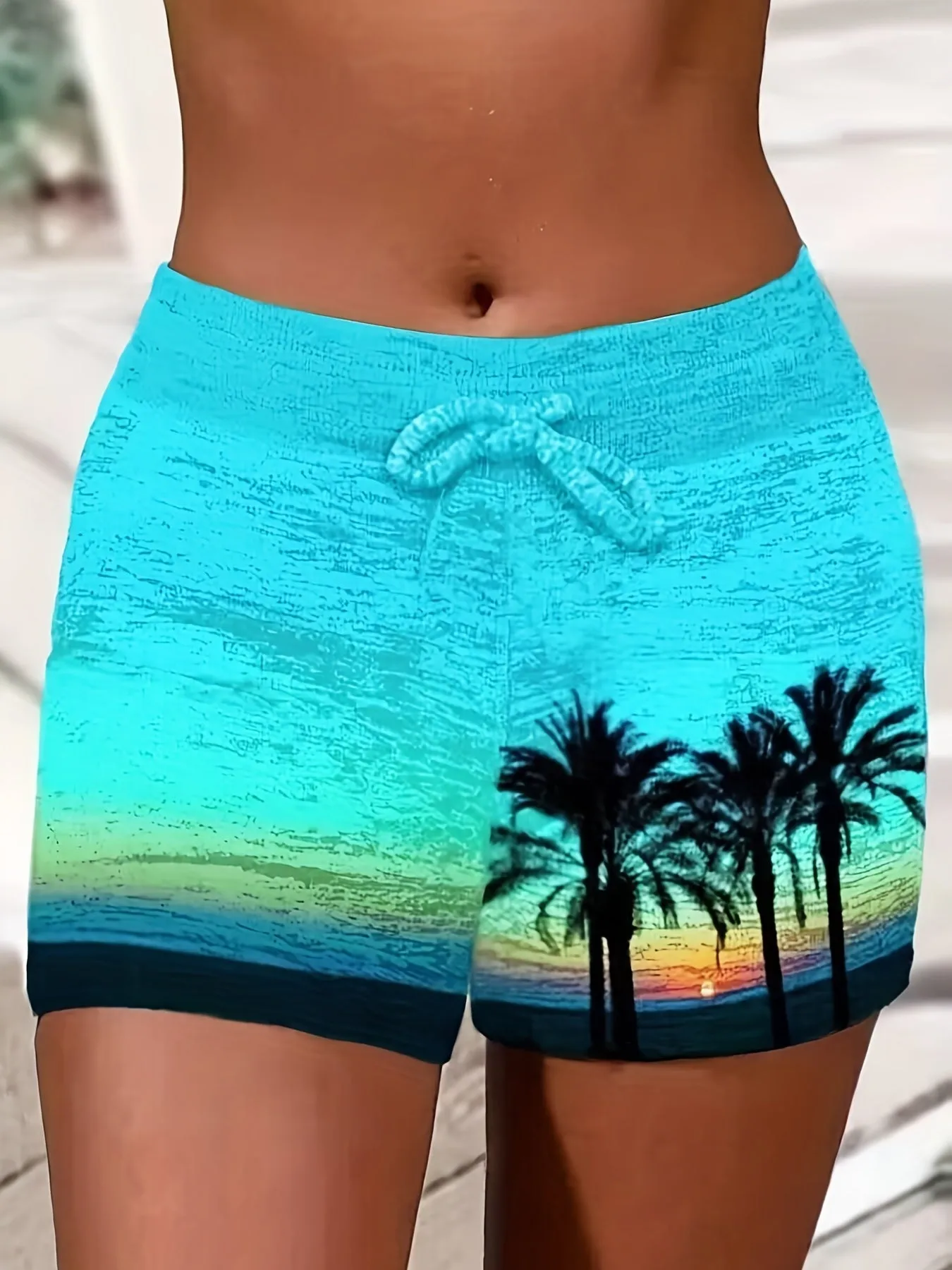 Coconut Tree Print Drawstring Shorts Stylish Womens SpringSummer Casual Wear