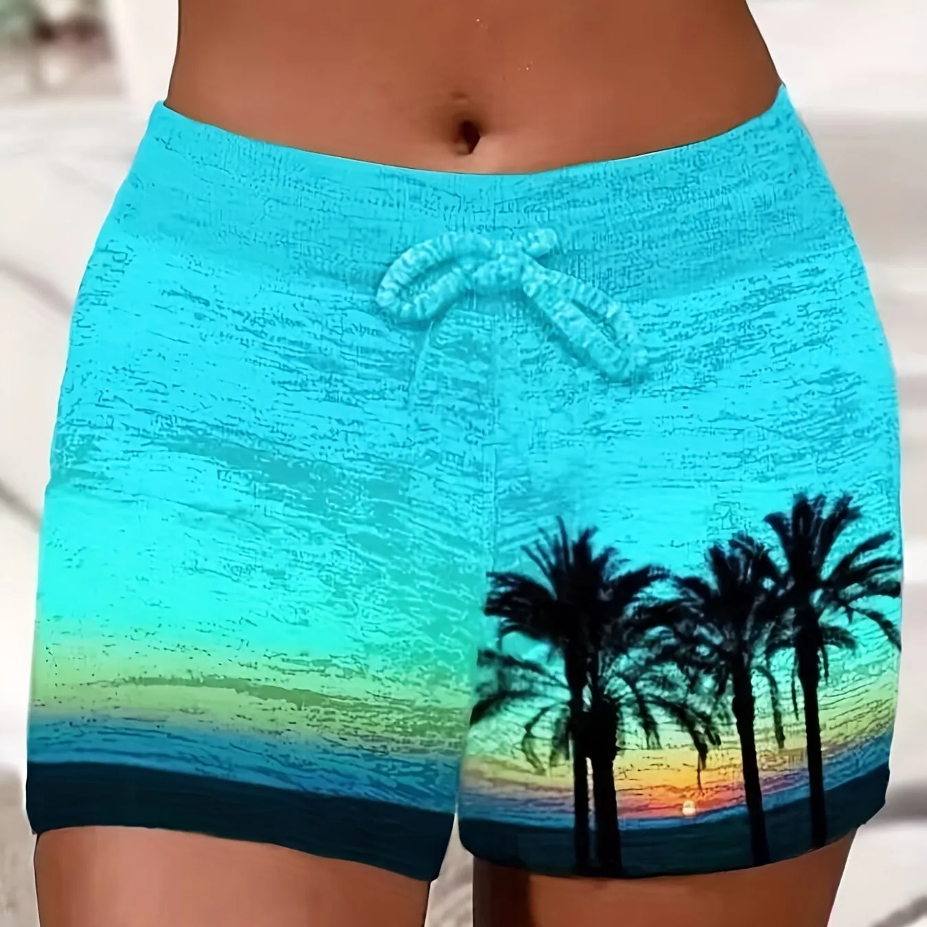 Coconut Tree Print Drawstring Shorts Stylish Womens SpringSummer Casual Wear
