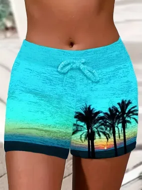 Coconut Tree Print Drawstring Shorts Stylish Womens SpringSummer Casual Wear