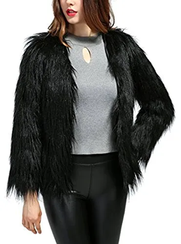 Dikoaina Women's Solid Color Shaggy Faux Fur Coat Jacket (US12, Black)