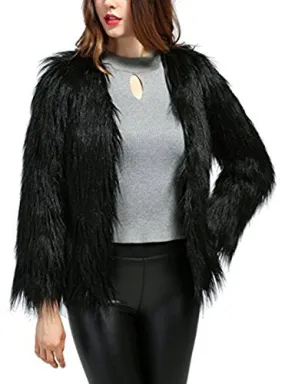 Dikoaina Women's Solid Color Shaggy Faux Fur Coat Jacket (US12, Black)