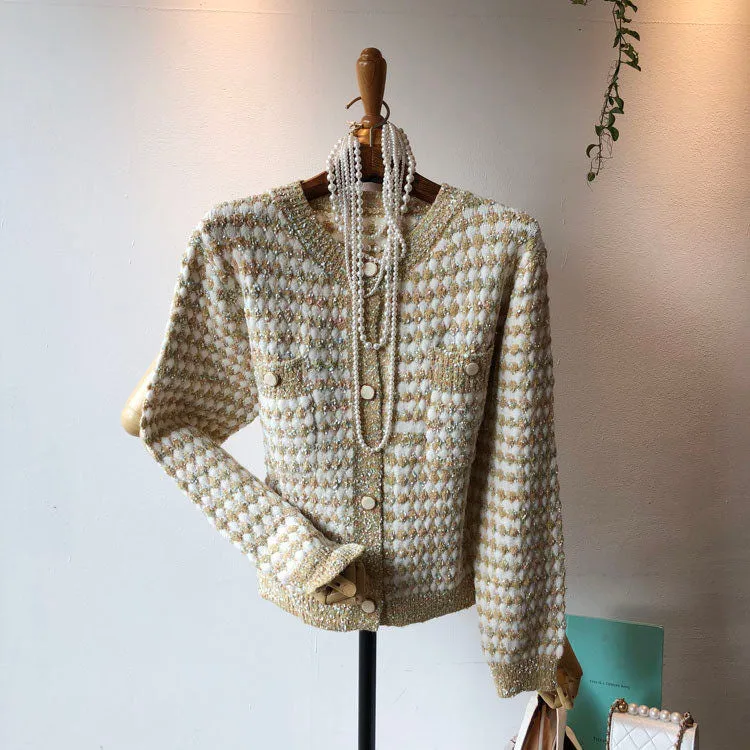 Embellished Multicolor Gold Button Crew Neck Cardigan