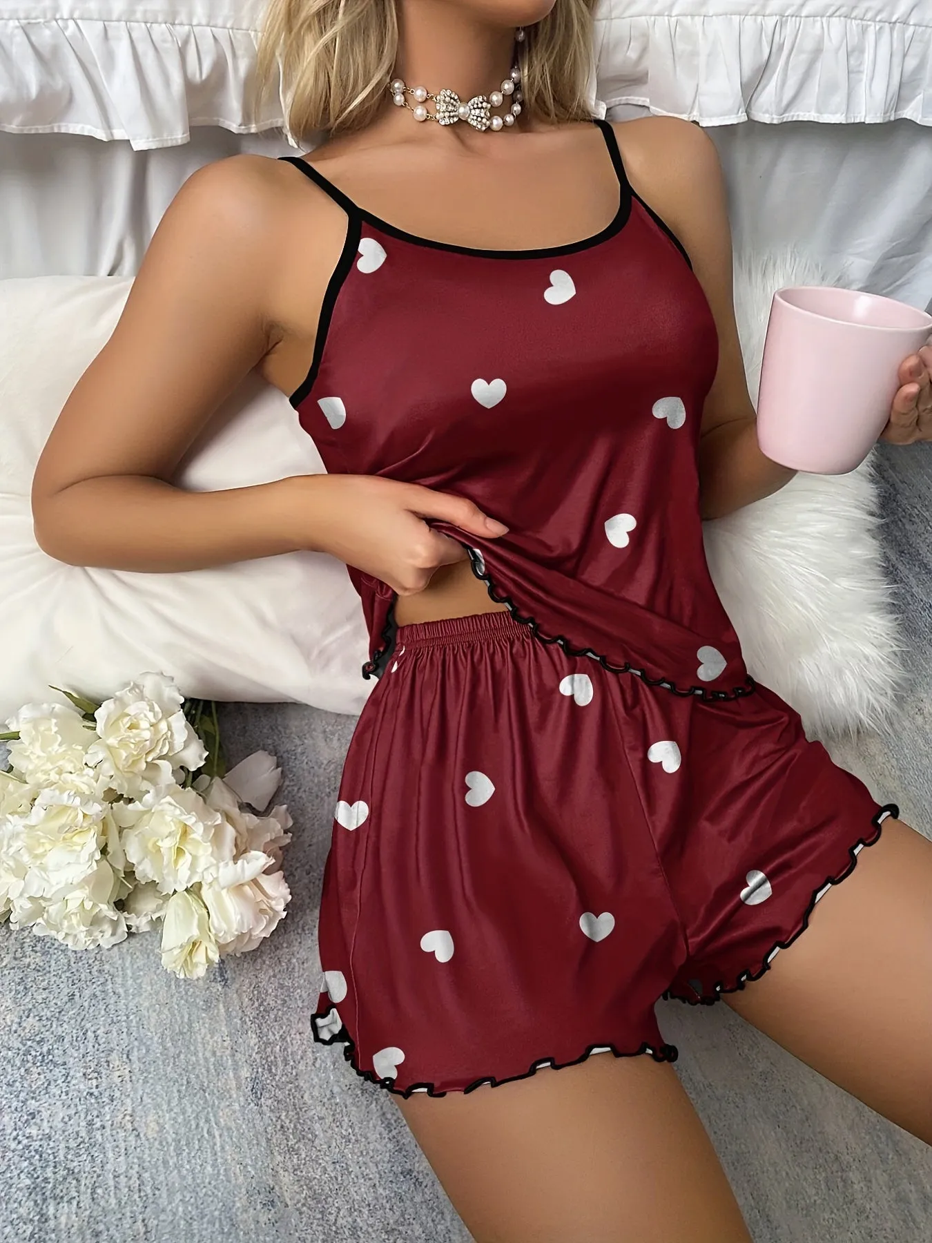Heart Print Pajama Set Top  Shorts for Women Sleepwear  Loungewear