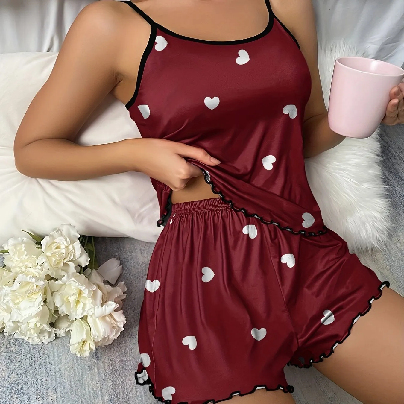 Heart Print Pajama Set Top  Shorts for Women Sleepwear  Loungewear