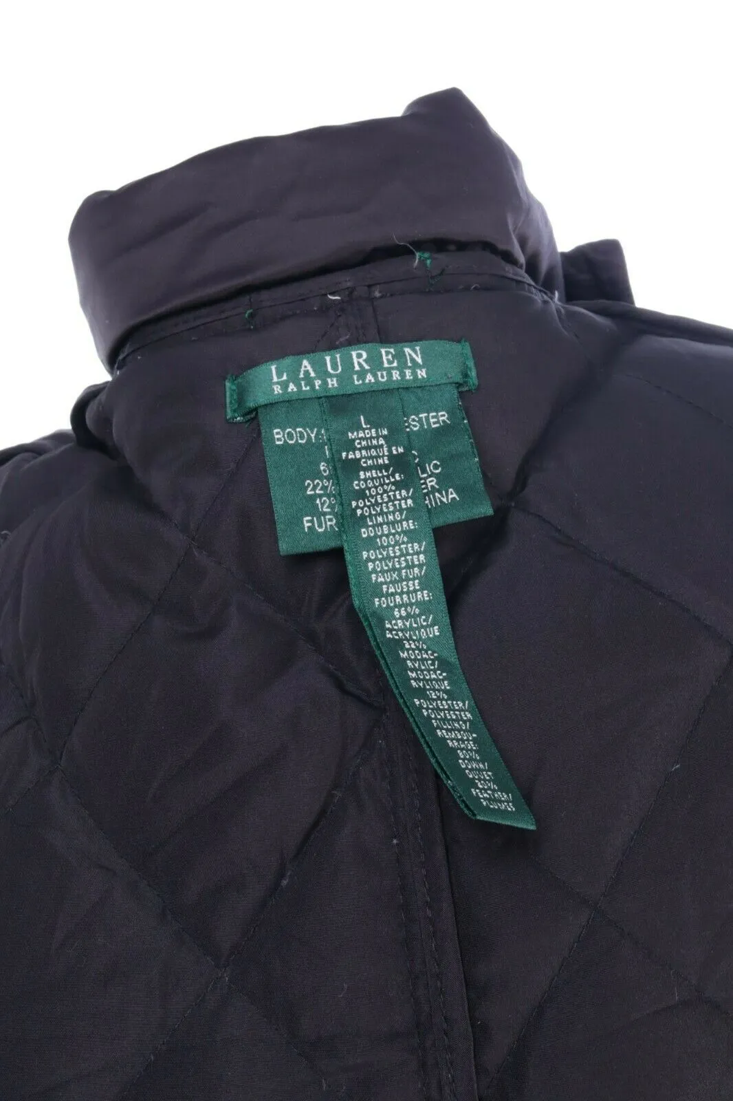 RALPH LAUREN Black Down Insulated Hooded Quilted Jacket Coat Size L