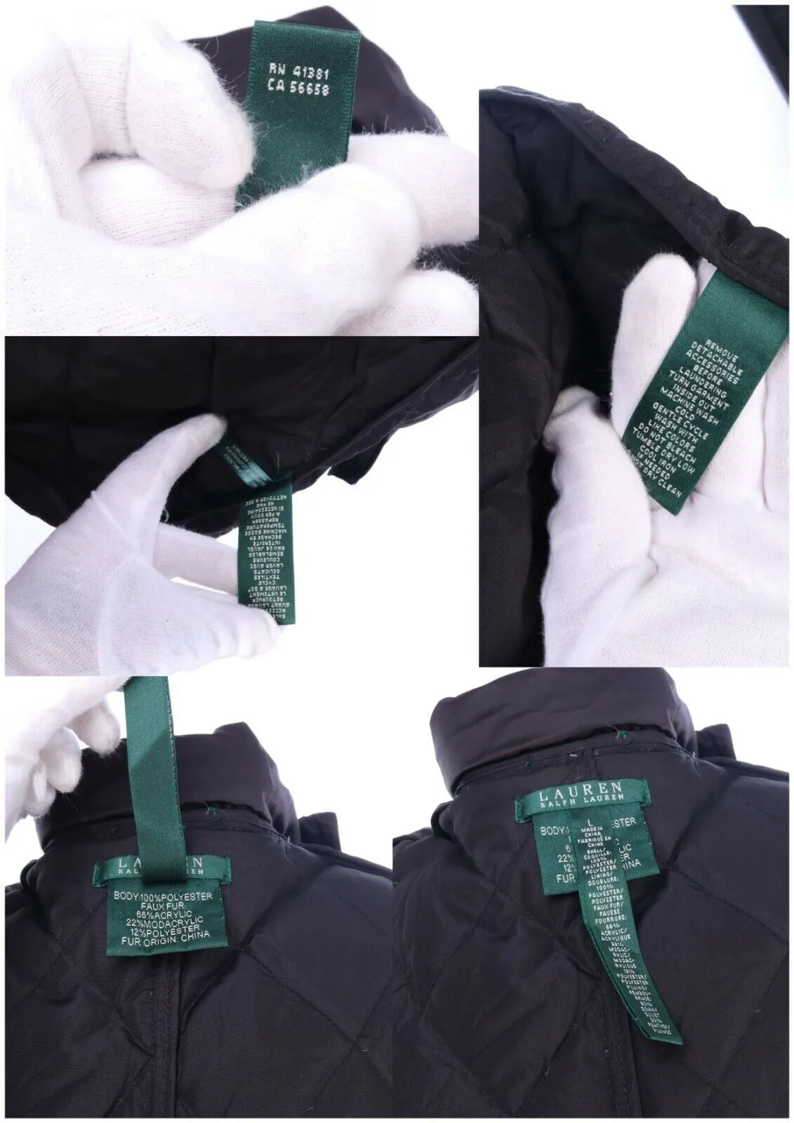 RALPH LAUREN Black Down Insulated Hooded Quilted Jacket Coat Size L