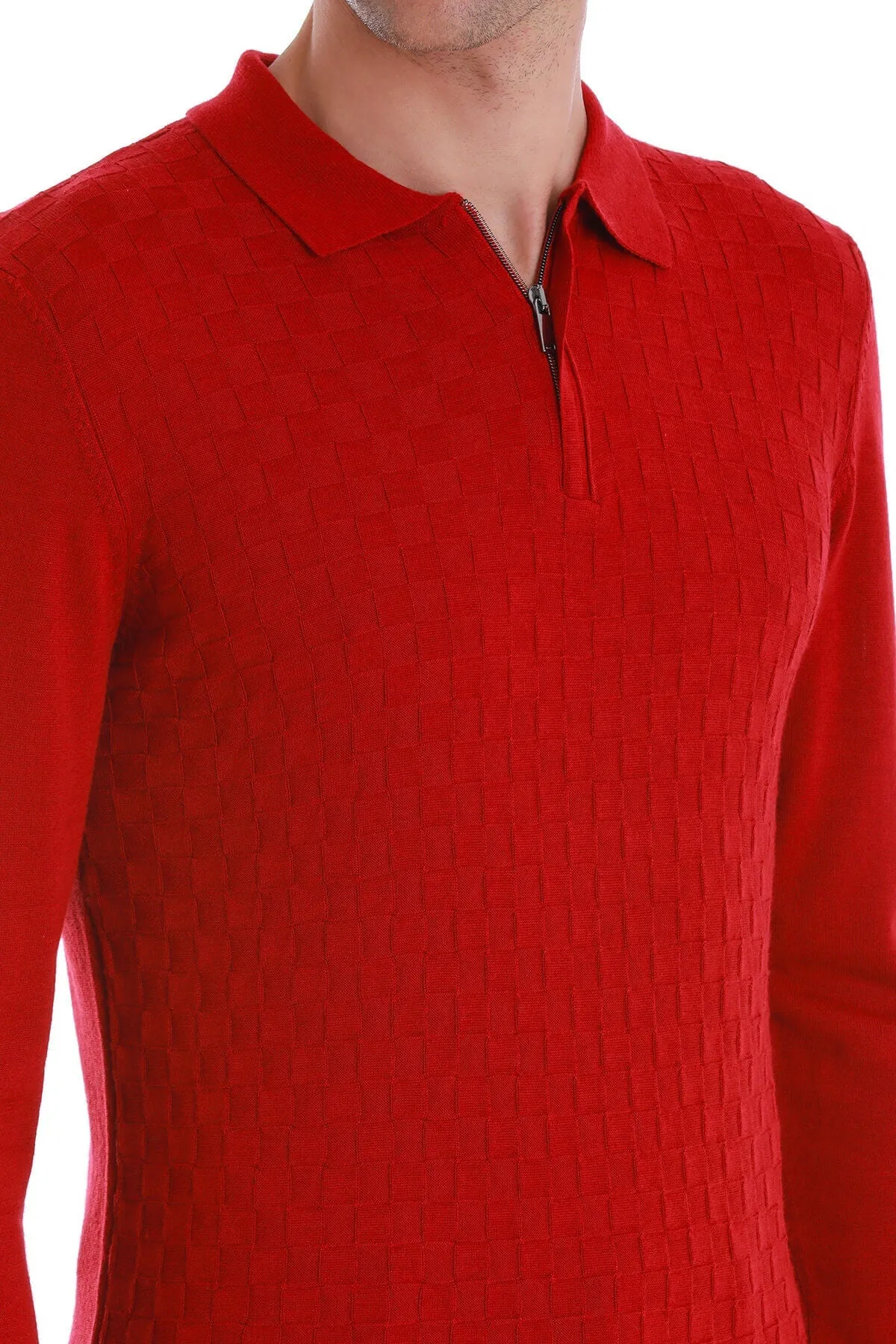 Regular Fit Wool Blend Jacquard Red Polo Sweater