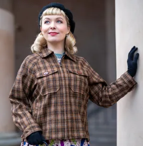 The "Bobby Jacket" in Woven Brown Check Wool With Luxury Satin Lining, Classic Rockabilly Style